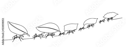 line drawing of ants carrying leaves in a row