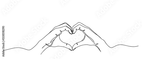 two hands forming a heart shape symbol drawn in minimalist one line art
