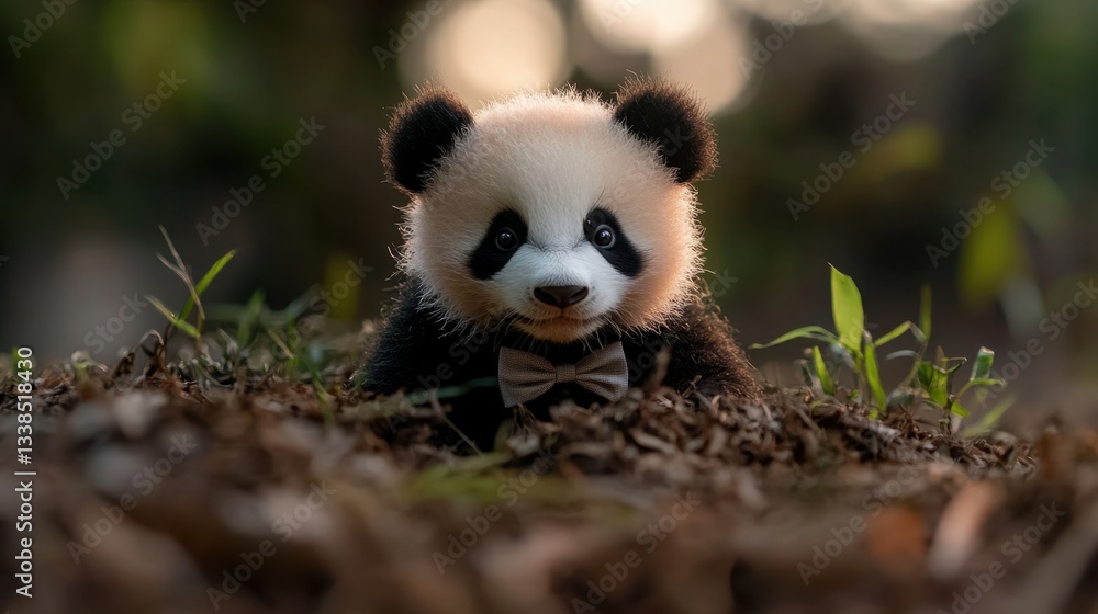 Obraz premium Cute baby panda with bow tie in lush forest setting