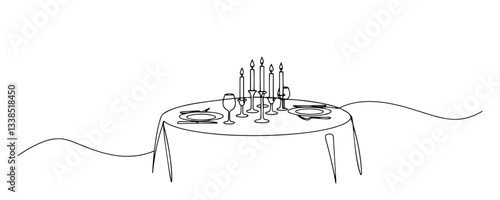 romantic dinner table setup with candles and plates drawn in clean line art