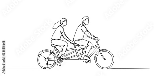 two people riding one bicycle together drawn in joyful one line illustration