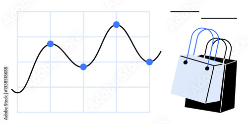 Sales trend graph with fluctuating line and data points beside shopping bags. Ideal for business growth, marketing strategy, retail analytics, e-commerce, sales forecasting, consumer behavior