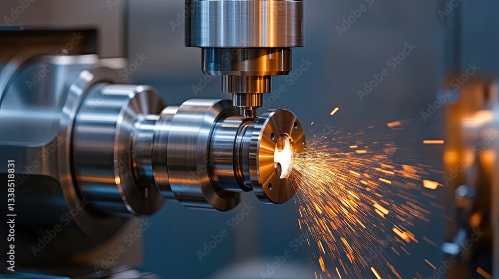 Metalworking CNC milling machine in action, precisely shaping metal parts, showcasing advanced industrial technology and precision engineering in a high-tech machining environment. Metalworking CNC milling machine in action, precisely shaping metal parts, showcasing advanced industrial technology and precision engineering in a high-tech machining environment.
