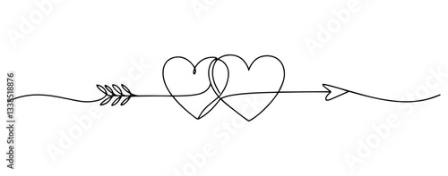 two hearts pierced by arrow drawn in symbolic romantic minimalist line art