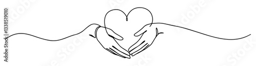 hands gently holding heart from below drawn in symbolic one line art