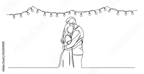 hugging couple under string lights at night drawn in cozy one line style