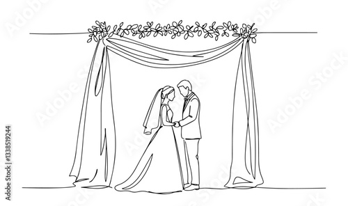 bride and groom under decorated wedding arch drawn in elegant one line style