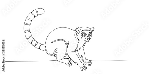 lemur with striped tail sitting in alert pose drawn in simple line drawing