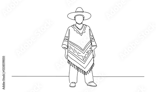 mexican man wearing sombrero and poncho drawn in cultural line drawing