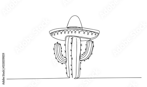 cactus with traditional mexican sombrero drawn in cultural line art