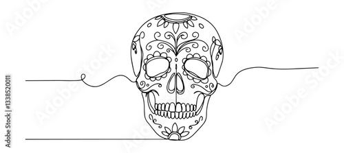 decorated mexican sugar skull for dia de los muertos drawn in line art