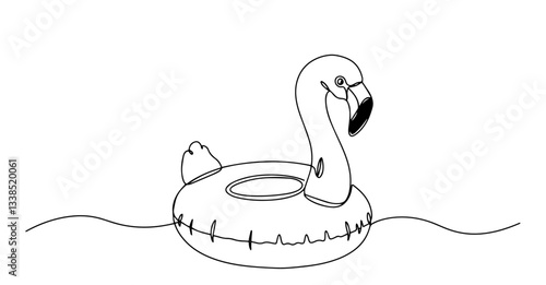 inflatable flamingo pool float floating on water drawn in playful continuous line art style