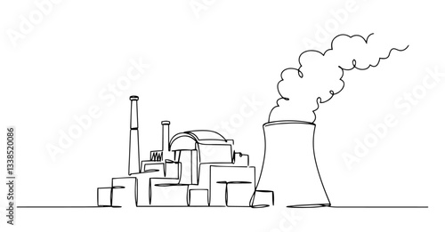 nuclear power plant with cooling tower and smoke stack drawn in simple line illustration style