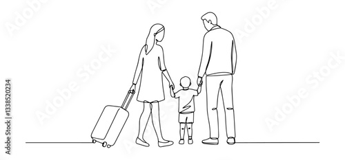 couple with small child and suitcase walking together in family travel moment