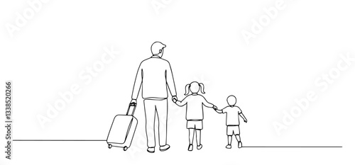 father with suitcase and two kids walking together in family travel scene