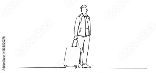 man standing with suitcase waiting for transportation drawn in minimal continuous line style