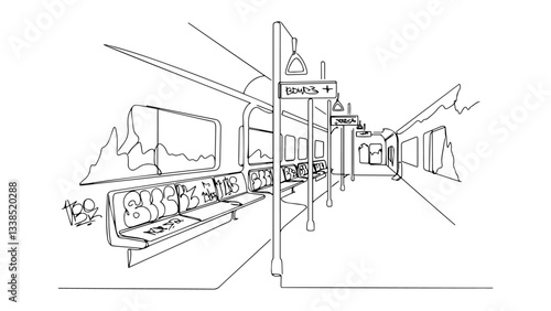 modern train interior with panoramic windows and empty seats drawn in one line perspective