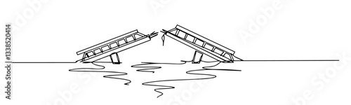 broken bridge over river in symbolic disaster or war scene drawn in line art