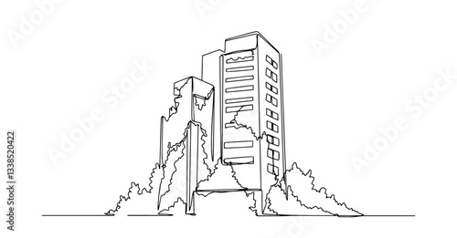 collapsed high-rise building covered with debris drawn in simple one line drawing style