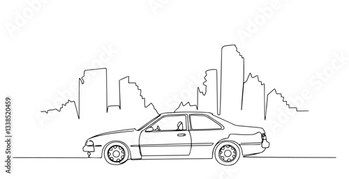 car driving through destroyed post apocalyptic city in dramatic line drawing