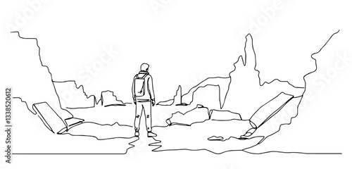 lone survivor standing in post apocalyptic ruined city drawn in dramatic line art style