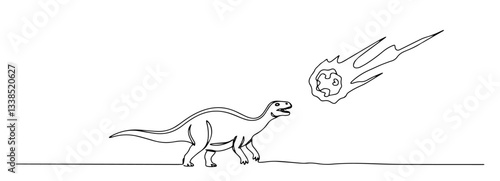 dinosaur watching meteor falling from sky in dramatic extinction line art