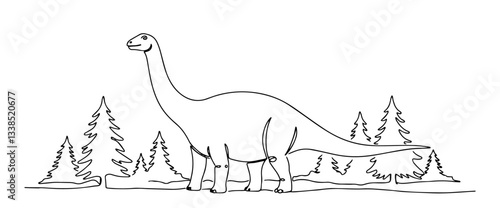sauropod dinosaur walking in coniferous forest in clean one line drawing