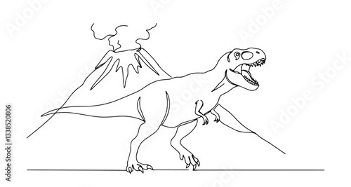 tyrannosaurus rex near erupting volcano in dramatic dinosaur line art