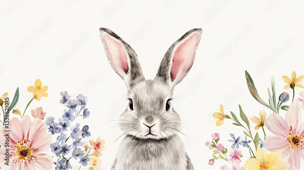 Obraz premium A fluffy grey rabbit surrounded by colorful flowers in watercolor