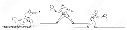 tennis player swinging racket in action pose drawn in minimalist line art
