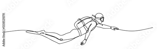 scuba diver exploring underwater world in minimalist one line ocean diving illustration