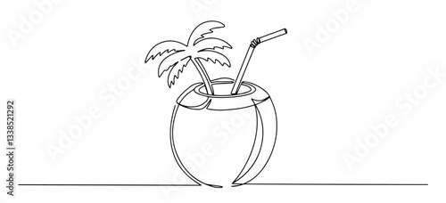 coconut drink with straw and tiny palm tree drawn in minimalist tropical line art style
