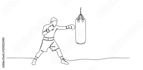 boxer training with punching bag in dynamic fighting stance drawn in single line illustration