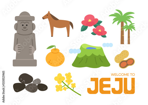 A set of symbols illustration of Jeju island, South Korea. Welcome to Jeju island. Isolated flat vector graphics on white background.