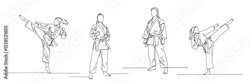 martial arts practitioners in various poses including high kicks and stances in line drawing style