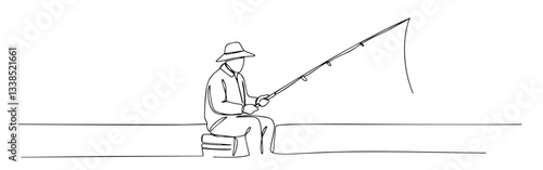 man fishing with rod sitting by water in peaceful outdoor setting drawn with one line technique