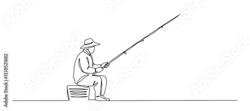 fisherman catching fish with rod in peaceful line art composition