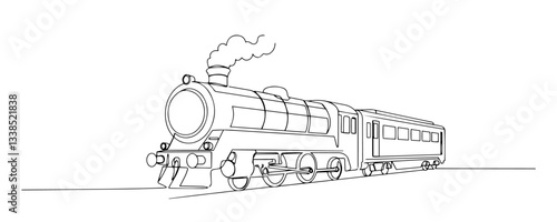 vintage steam locomotive pulling carriage in side view line drawing style