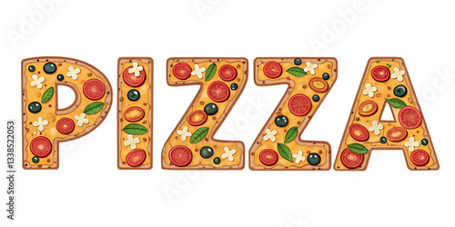 
font inscription PIZZA with pizza texture, 3d, isolated