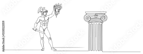 perseus holding medusa’s head next to greek ionic column in line drawing