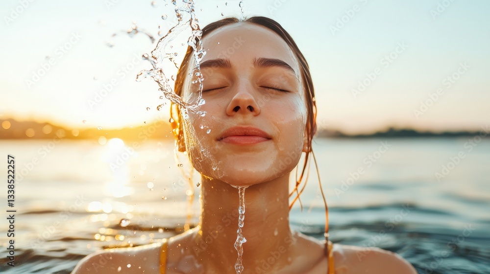 Obraz premium A serene moment captured as a woman enjoys water splashing on her face during sunset, evoking tranquility and bliss.