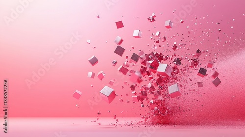 Abstract 3D cubes explosion on pink background. Possible use Stock photo for digital design, technology, or abstract art projects