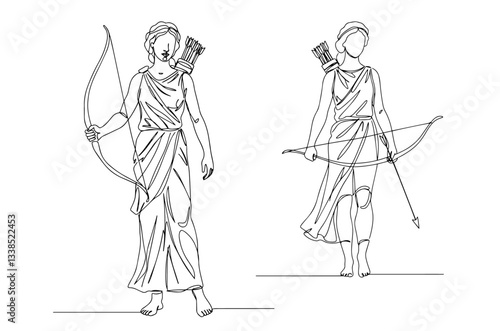 greek goddess artemis holding a bow in elegant continuous line art style