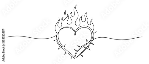 sacred heart of jesus with thorns and flames monoline hand-drawn sketch vector lineart