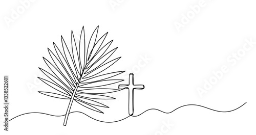 palm branch and cross representing christianity and easter drawn in line art
