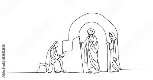 resurrected Jesus at empty tomb monoline hand-drawn sketch vector lineart