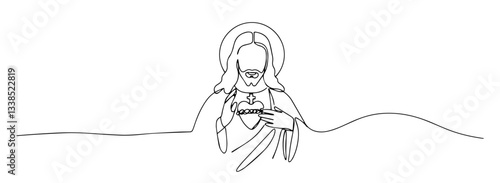 Jesus holding chalice and host monoline hand-drawn sketch vector lineart