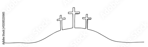 three crosses on hill in one line art style