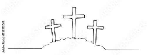 three crosses on a hill representing calvary in minimalist line drawing