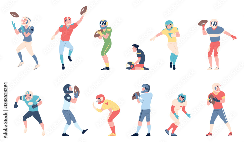 Rugby players. American football athletes in sport uniform play with ball. Competition characters wear helmets. Sports game recent vector set